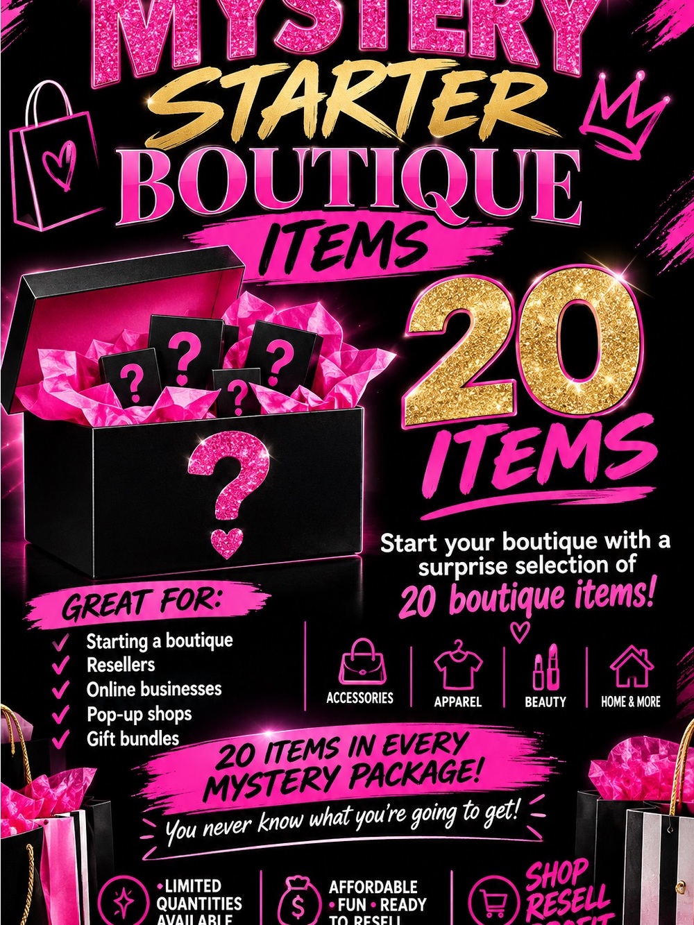 Mystery Starter Boutique Items - Pink & Black Surprise Pack (20 Items)